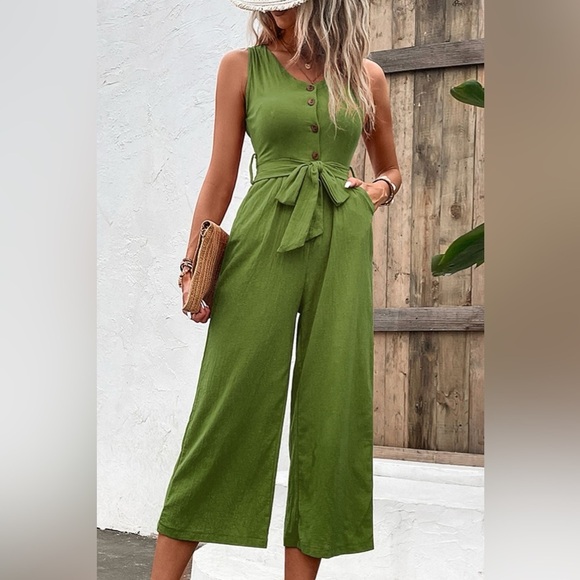 Summer Quench Button Front V Neck Tie Waist Jumpsuit - Picture 5 of 7
